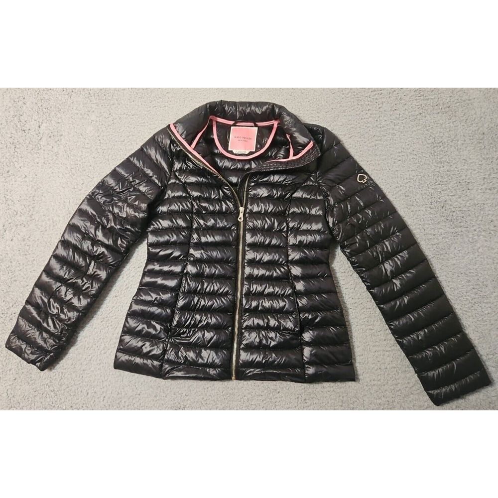 Kate Spade Down Puffer Hooded Black Jacket Womens Size XS Heart